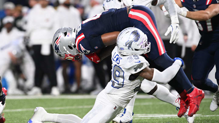 Oct 5, 2025; Orchard Park, New York, USA; Buffalo Bills cornerback Cam Lewis (39) tackles New England Patriots running back Antonio Gibson (4) to fumble during the first half at Highmark Stadium. Mandatory Credit: Mark Konezny-Imagn Images Oct 5, 2025; Orchard Park, New York, USA; Buffalo Bills cornerback Cam Lewis (39) tackles New England Patriots running back Antonio Gibson (4) to fumble during the first half at Highmark Stadium. Mandatory Credit: Mark Konezny-Imagn Images