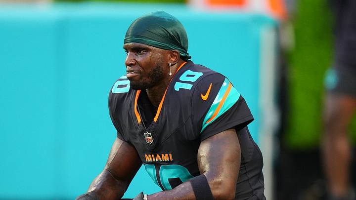 Sep 29, 2025; Miami Gardens, Florida, USA; Miami Dolphins wide receiver Tyreek Hill (10) practices before the game against the New York Jets at Hard Rock Stadium. Mandatory Credit: Rich Storry-Imagn Images