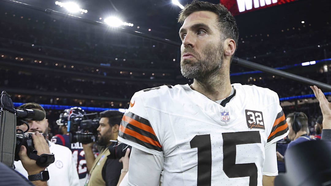 Cleveland Browns quarterback Joe Flacco (15) on the field after a 2024 AFC wild card game against the Houston Texans at NRG Stadium.