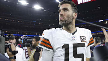 Cleveland Browns quarterback Joe Flacco (15) on the field after a 2024 AFC wild card game against the Houston Texans at NRG Stadium.