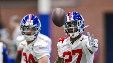 Jun 17, 2025; East Rutherford, NJ, USA; New York Giants safety Tyler Nubin (27) participates in a drill during minicamp at Quest Diagnostics Training Center. Mandatory Credit: John Jones-Imagn Images