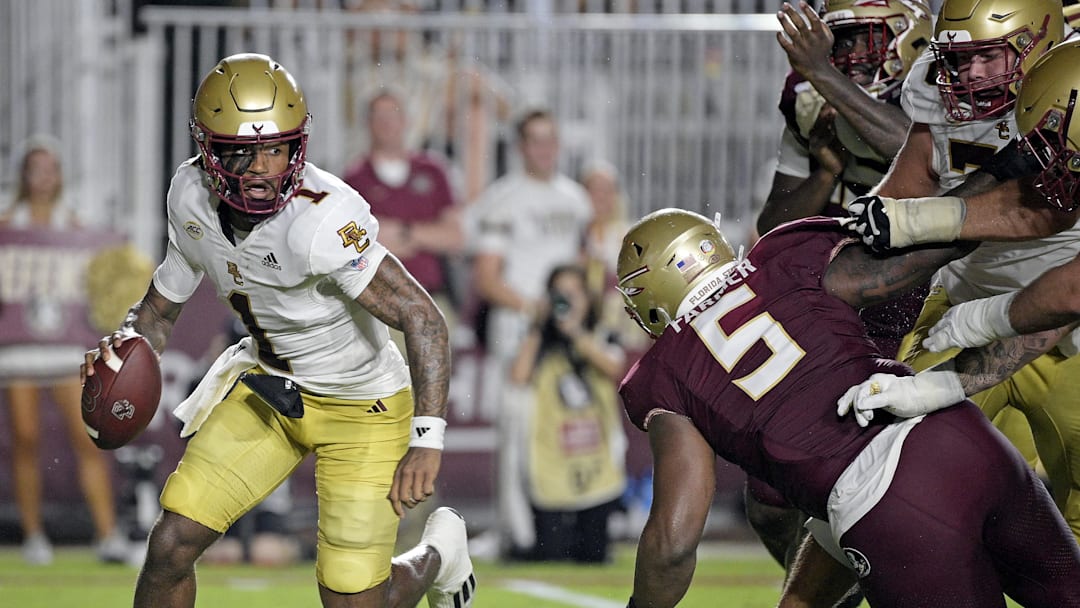 Sep 2, 2024; Tallahassee, Florida, USA; Boston College Eagles quarterback Thomas Castellanos (1) scrambles during the first half against the Florida State Seminoles at Doak S. Campbell Stadium. 