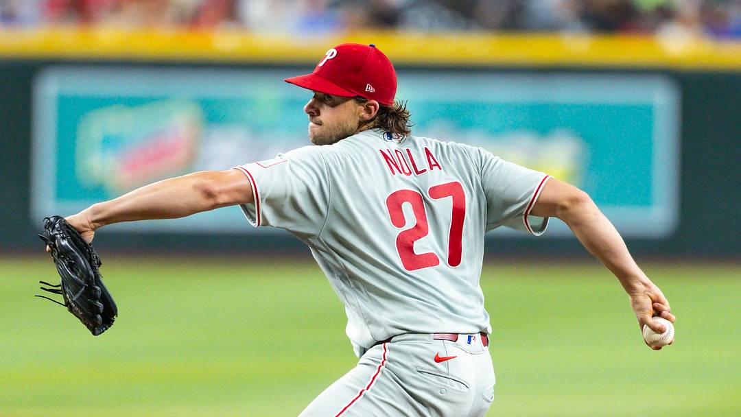 Aug 31, 2026; Phoenix, Arizona, USA; Philadelphia Phillies pitcher Aaron Nola in the third inning against the Arizona Diamondbacks at Chase Field. Mandatory Credit: Mark J. Rebilas-Imagn Images