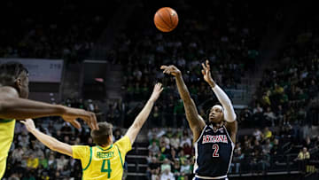 Arizona guard Caleb Love puts up a shot for three as the Oregon Ducks host the Arizona Wildcats Saturday, Jan. 27, 2024 at Matthew Knight Arena in Eugene, Ore.