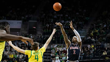 Arizona guard Caleb Love puts up a shot for three as the Oregon Ducks host the Arizona Wildcats Saturday, Jan. 27, 2024 at Matthew Knight Arena in Eugene, Ore.