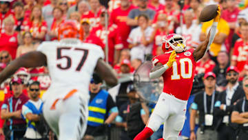 Sep 15, 2024; Kansas City, Missouri, USA; Kansas City Chiefs running back Isiah Pacheco (10) catches a pass during the first half against the Cincinnati Bengals at GEHA Field at Arrowhead Stadium. Mandatory Credit: Jay Biggerstaff-Imagn Images