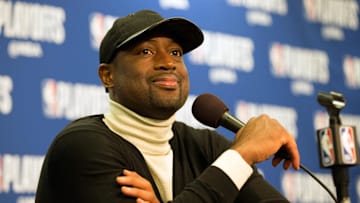 Apr 16, 2018; Philadelphia, PA, USA; Miami Heat guard Dwyane Wade speaks to the media after a victory against the Philadelphia 76ers in game two of the first round of the 2018 NBA Playoffs at Wells Fargo Center. Mandatory Credit: Bill Streicher-Imagn Images