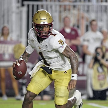 Sep 2, 2024; Tallahassee, Florida, USA; Boston College Eagles quarterback Thomas Castellanos (1) scrambles during the first half against the Florida State Seminoles at Doak S. Campbell Stadium. Mandatory Credit: Melina Myers-Imagn Images