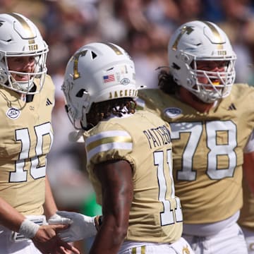 Oct 25, 2025; Atlanta, Georgia, USA; Georgia Tech Yellow Jackets quarterback Haynes King (10) celebrates after a touchdown against the Syracuse Orange in the third quarter at Bobby Dodd Stadium at Hyundai Field. Mandatory Credit: Brett Davis-Imagn Images
