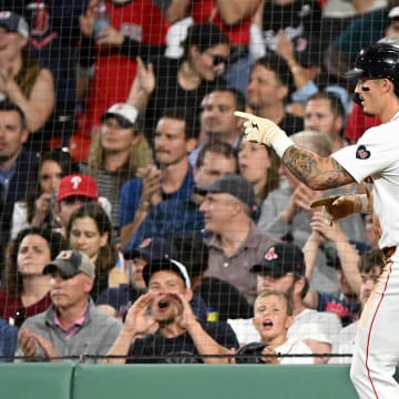 Boston Red Sox outfielder Jarren Duran (16) reacts after scoring a run against the Philadelphia Phillies during the fifth inning at Fenway Park on June 13.