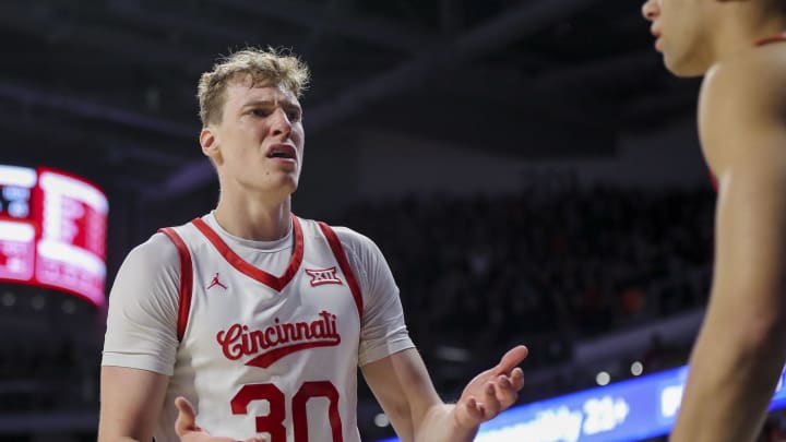 Jan 20, 2024; Cincinnati, Ohio, USA; Cincinnati Bearcats forward Viktor Lakhin (30) reacts after a play against the Oklahoma Sooners in the second half at Fifth Third Arena. Mandatory Credit: Katie Stratman-USA TODAY Sports