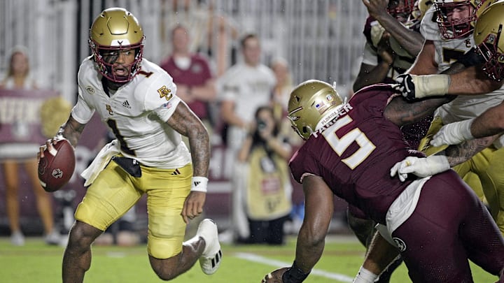 Sep 2, 2024; Tallahassee, Florida, USA; Boston College Eagles quarterback Thomas Castellanos (1) scrambles during the first half against the Florida State Seminoles at Doak S. Campbell Stadium. Mandatory Credit: Melina Myers-Imagn Images Sep 2, 2024; Tallahassee, Florida, USA; Boston College Eagles quarterback Thomas Castellanos (1) scrambles during the first half against the Florida State Seminoles at Doak S. Campbell Stadium. Mandatory Credit: Melina Myers-Imagn Images