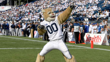 Sep 16, 2017; Provo, UT, USA; Brigham Young Cougars mascot Cosmo poses during a NCAA football game.