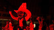 Pistol Pete stands on the court before a women's college basketball game between the Oklahoma State Cowgirls (OSU) and the Texas Tech Lady Raiders at Gallagher-Iba Arena in Stillwater, Okla., Wednesday, Jan. 10, 2024. Oklahoma State won 71-58.