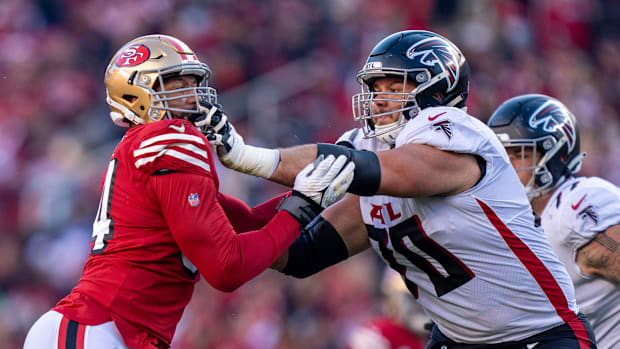 Atlanta Falcons offensive tackle Jake Matthews blocks against the San Francisco 49ers