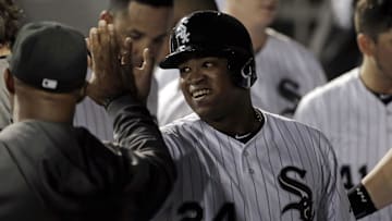 Aug 1, 2014; Chicago, IL, USA; Chicago White Sox right fielder Dayan Viciedo (24) is congratulated by teammates after scoring the game winning run on a single RBI by catcher Tyler Flowers (21) against the Minnesota Twins at U.S Cellular Field. The Chicago White Sox won 10-8. Mandatory Credit: Jon Durr-Imagn Images