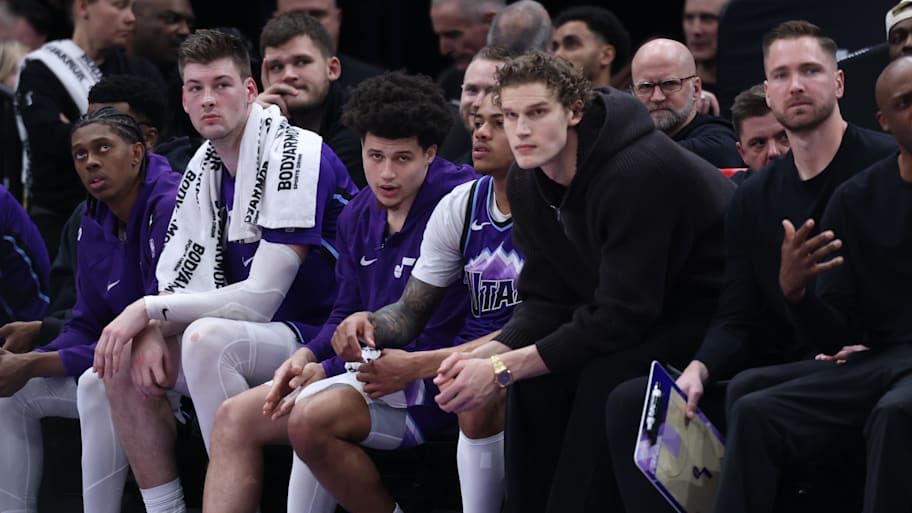 Utah Jazz forward Lauri Markkanen watches play from the bench during the second half against the Brooklyn Nets.