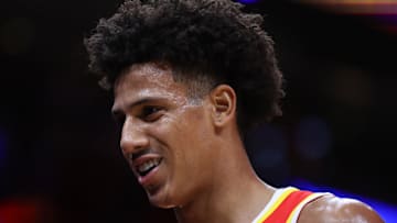 Jalen Johnson #1 of the Atlanta Hawks reacts against the Miami Heat.