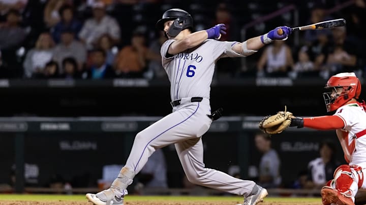 Nov 9, 2025; Mesa, AZ, USA; Colorado Rockies infielder Charlie Condon during the Arizona Fall League Fall Stars Game at Sloan Park. Mandatory Credit: Mark J. Rebilas-Imagn Images