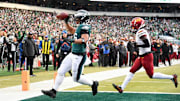 Jan 26, 2025; Philadelphia, PA, USA; Philadelphia Eagles running back Saquon Barkley (26) reacts after a touchdown against the Washington Commanders during the first half in the NFC Championship game at Lincoln Financial Field. Mandatory Credit: Eric Hartline-Imagn Images