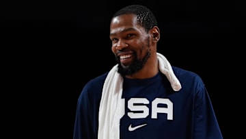 Jul 31, 2021; Saitama, Japan; Team United States forward Kevin Durant (7) reacts after defeating Czech Republic during the Tokyo 2020 Olympic Summer Games at Saitama Super Arena. Mandatory Credit: Kareem Elgazzar-Imagn Images