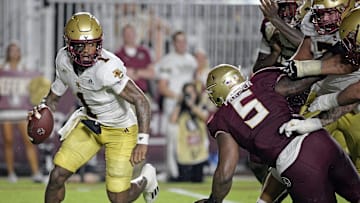 Sep 2, 2024; Tallahassee, Florida, USA; Boston College Eagles quarterback Thomas Castellanos (1) scrambles during the first half against the Florida State Seminoles at Doak S. Campbell Stadium. Mandatory Credit: Melina Myers-Imagn Images
