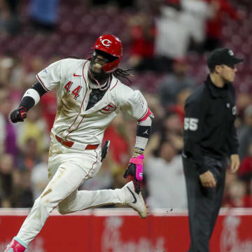 Apr 8, 2024; Cincinnati, Ohio, USA; Cincinnati Reds shortstop Elly De La Cruz (44) races around the bases for an inside-the-park home run.