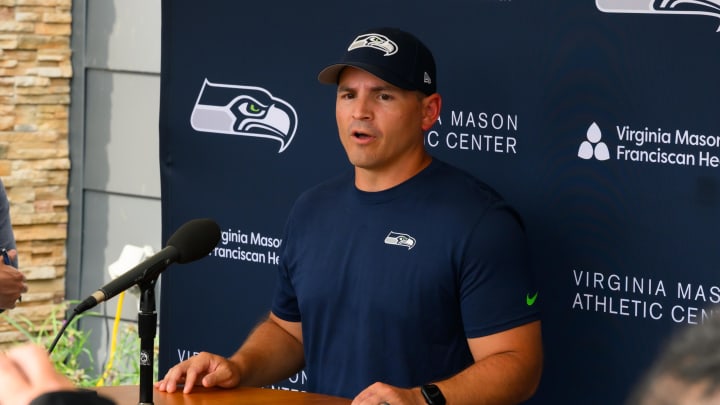 Jul 27, 2024; Renton, WA, USA; Seattle Seahawks head coach Mike Macdonald talks to the media after training camp at Virginia Mason Athletic Center. Mandatory Credit: Steven Bisig-USA TODAY Sports