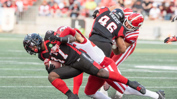 Jun 15, 2023; Ottawa, Ontario, CAN; Wide receiver Devonte Dedmon of the Ottawa Redblacks (17) runs the ball in the first half against the Calgary Stampeders at TD Place. Mandatory Credit: Marc DesRosiers-USA TODAY Sports