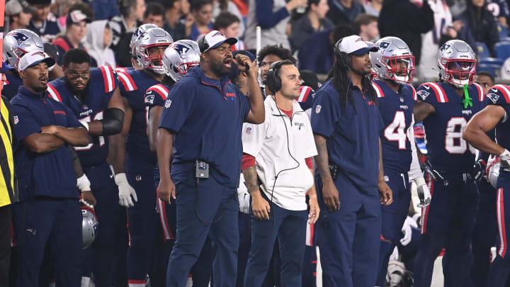 Aug 15, 2024; Foxborough, MA, USA; New England Patriots head coach Jerod Mayo calls out from the sideline during the first half against the Philadelphia Eagles at Gillette Stadium. Mandatory Credit: Eric Canha-USA TODAY Sports