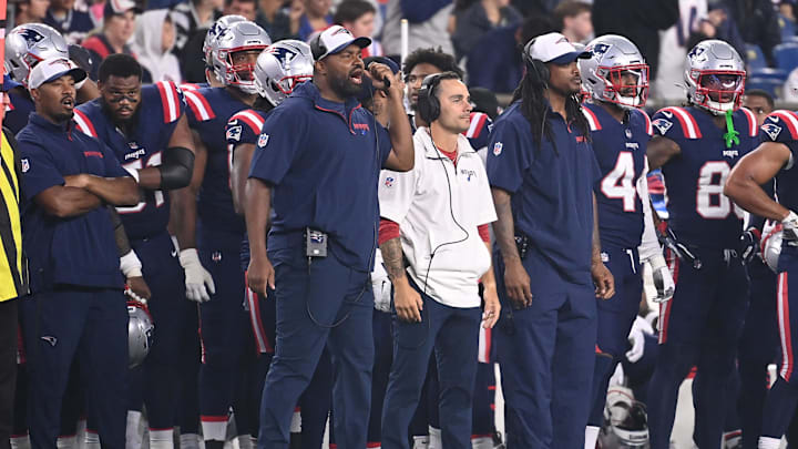 Aug 15, 2024; Foxborough, MA, USA; New England Patriots head coach Jerod Mayo calls out from the sideline during the first half against the Philadelphia Eagles at Gillette Stadium.