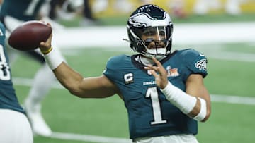 Feb 9, 2025; New Orleans, LA, USA;  Philadelphia Eagles quarterback Jalen Hurts (1) throws a pass against the Kansas City Chiefs in the third quarter in Super Bowl LIX between the Philadelphia Eagles and the Kansas City Chiefs at Ceasars Superdome.