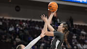 March 10, 2025; Las Vegas, NV, USA; Washington State Cougars center Alex Covill (33) shoots the basketball against the Portland Pilots during the second half in the semifinal of the West Coast Conference tournament at Orleans Arena. Mandatory Credit: Kyle Terada-Imagn Images