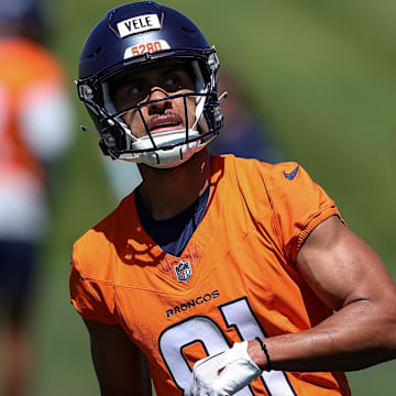 May 23, 2024; Englewood, CO, USA; Denver Broncos wide receiver Devaughn Vele (81) during organized team activities at Centura Health Training Center. Mandatory Credit: Isaiah J. Downing-Imagn Images