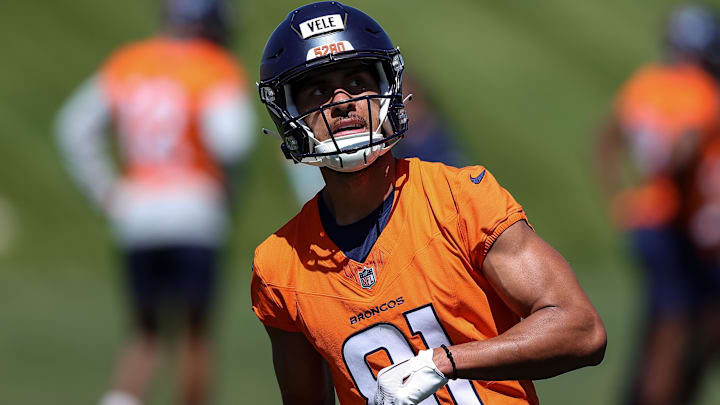 May 23, 2024; Englewood, CO, USA; Denver Broncos wide receiver Devaughn Vele (81) during organized team activities at Centura Health Training Center. Mandatory Credit: Isaiah J. Downing-Imagn Images