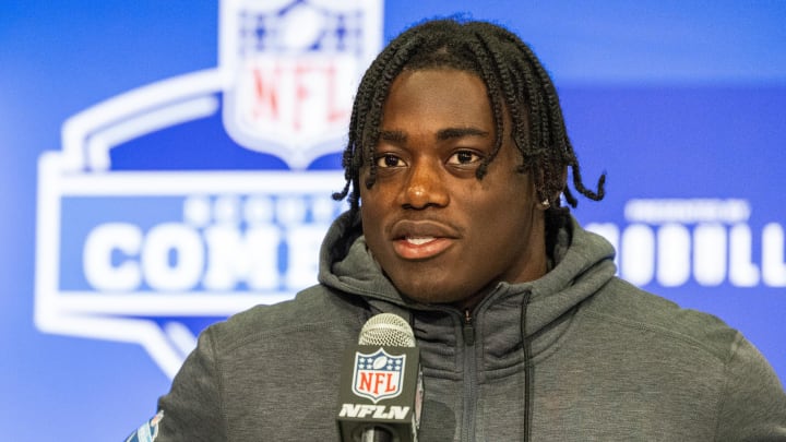 Feb 29, 2024; Indianapolis, IN, USA; Wake Forest defensive back Malik Mustapha (DB55) talks to the media during the 2024 NFL Combine at Lucas Oil Stadium. Mandatory Credit: Trevor Ruszkowski-USA TODAY Sports