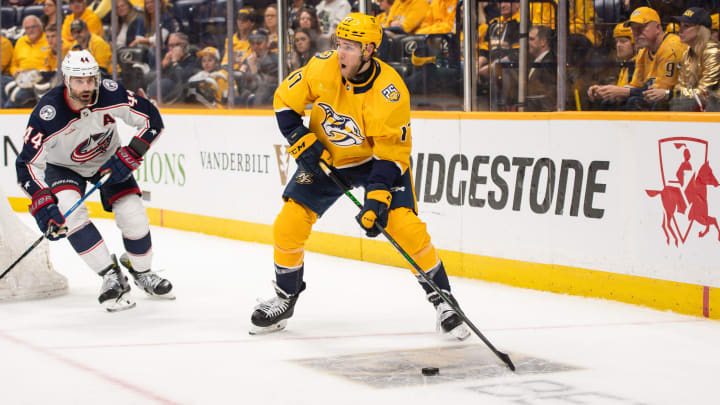 Apr 13, 2024; Nashville, Tennessee, USA; Nashville Predators center Mark Jankowski (17) skates against the Columbus Blue Jackets during the third period at Bridgestone Arena. Mandatory Credit: Steve Roberts-USA TODAY Sports