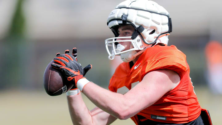 Tyler Foster (86) runs drills during a Oklahoma State football practice, in Stillwater, Okla., on Tuesday, April 2, 2024.