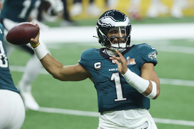 Former Alabama Crimson Tide quarterback Jalen Hurts of the Philadelphia Eagles in Super Bowl LIX. 