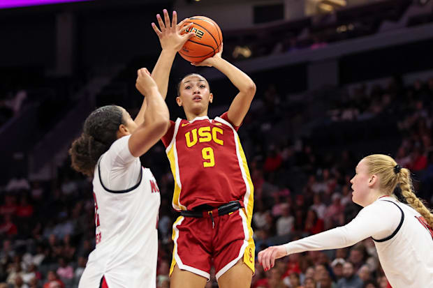USC guard Jazzy Davidson (9) shoots a basket against NC State 