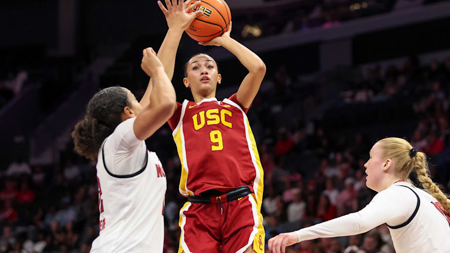 USC guard Jazzy Davidson (9) shoots a basket against NC State 