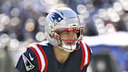 Nov 2, 2025; Foxborough, Massachusetts, USA;  New England Patriots quarterback Drake Maye (10) warms up prior to the game against the Atlanta Falcons at Gillette Stadium.