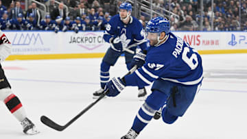 Sep 22, 2024; Toronto, Ontario, CAN;  Toronto Maple Leafs forward Max Pacioretty (67) shoots the puck against the Ottawa Senators in the third period at Scotiabank Arena. Mandatory Credit: Dan Hamilton-Imagn Images