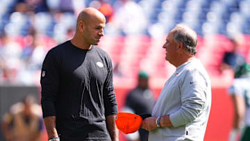 Sep 26, 2021; Denver, Colorado, USA; New York Jets head coach Robert Saleh and Denver Broncos head coach Vic Fangio before at Empower Field at Mile High. Mandatory Credit: Ron Chenoy-Imagn Images