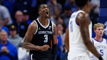 Oct 30, 2025; Lexington, KY, USA; Georgetown Hoyas center Vincent Iwuchukwu (3) celebrates a basket during the second half against the Kentucky Wildcats at Rupp Arena at Central Bank Center. Mandatory Credit: Jordan Prather-Imagn Images