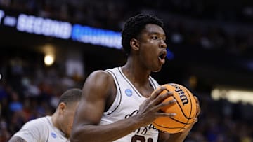 Mar 22, 2025; Denver, CO, USA; Texas A&M Aggies forward Pharrel Payne (21) reacts against the Michigan Wolverines during the first half in the second round of the NCAA Tournament  at Ball Arena. Mandatory Credit: Isaiah J. Downing-Imagn Images