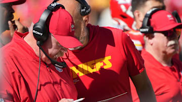 Oct 19, 2025; Kansas City, Missouri, USA; Kansas City Chiefs head coach Andy Reid and offensive coordinator Matt Nagy speak during the third quarter of the game against the Las Vegas Raiders at GEHA Field at Arrowhead Stadium. Mandatory Credit: Denny Medley-Imagn Images