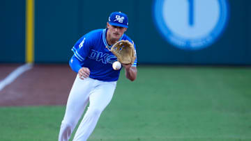 Oklahoma City Comets infielder Alex Freeland (5) fields the ball during a minor league baseball game against the Sugar Land Space Cowboys at Chickasaw Bricktown Ballpark in Oklahoma City.