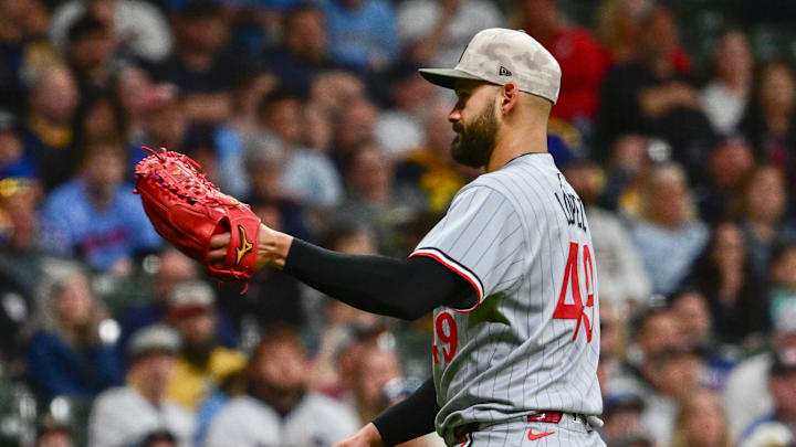 May 17, 2025; Milwaukee, Wisconsin, USA; Minnesota Twins starting pitcher Pablo Lopez (49) reacts after pitching six scoreless innings against the Milwaukee Brewers at American Family Field. Mandatory Credit: Benny Sieu-Imagn Images