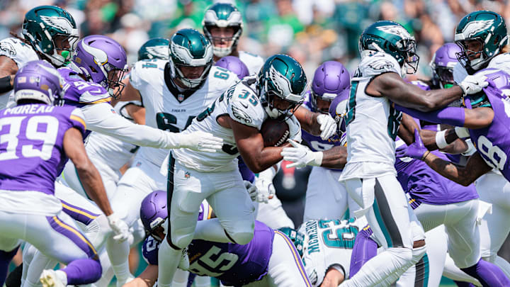 Philadelphia Eagles running back Tyrion Davis-Price runs the ball against the Minnesota Vikings. Mandatory Credit: Caean Couto-Imagn Images